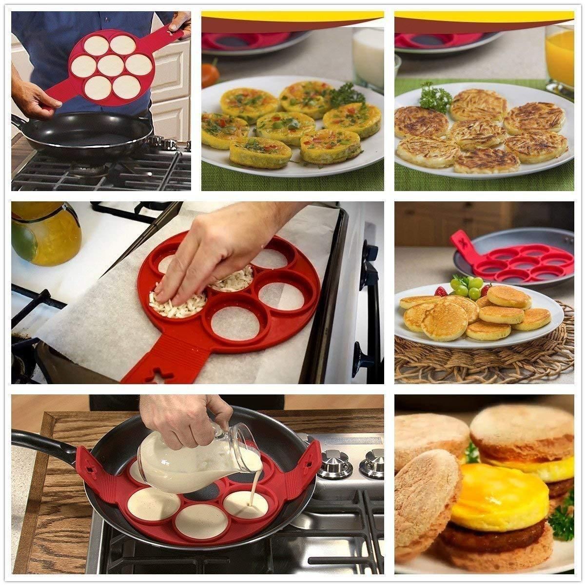 Non-stick red silicone pancake ring mold with easy-lift side handles