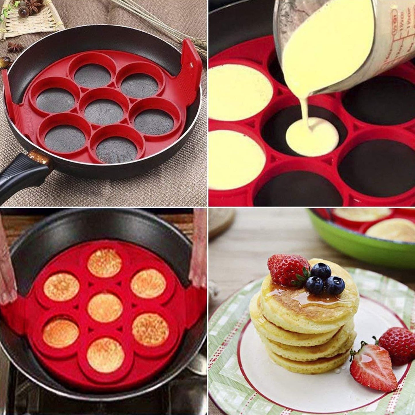 Hand using silicone pancake mold with non-stick surface on a frying pan